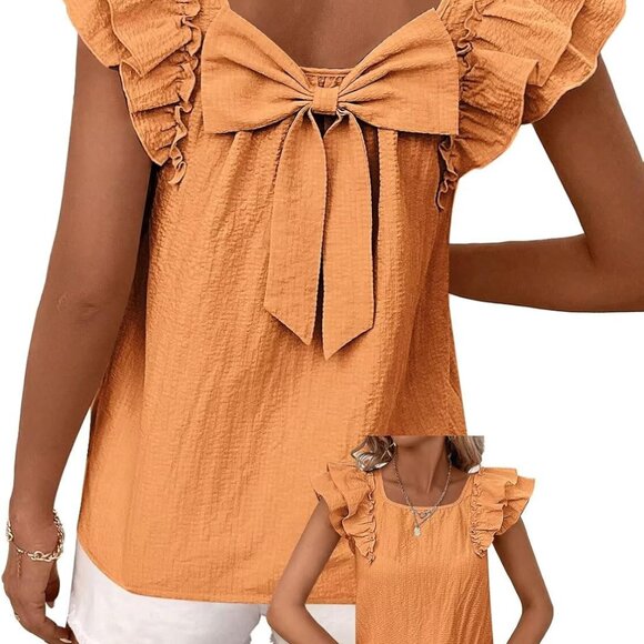 Womens Bow Tie Back Tops Round Neck Ruffle Short Sleeve Shirts Cute Babydoll Chi - Picture 1 of 6